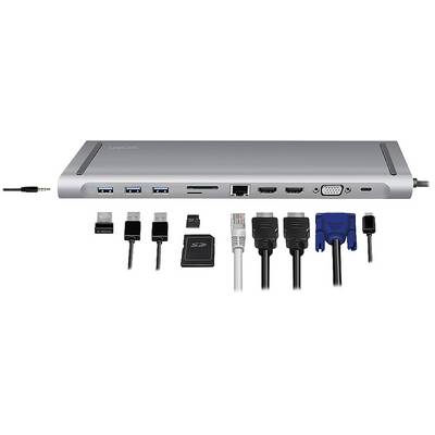 Une station d'accueil multiports : USB, Ethernet, HDMI, VGA et lecteur de carte SD, avec les câbles correspondants en dessous.