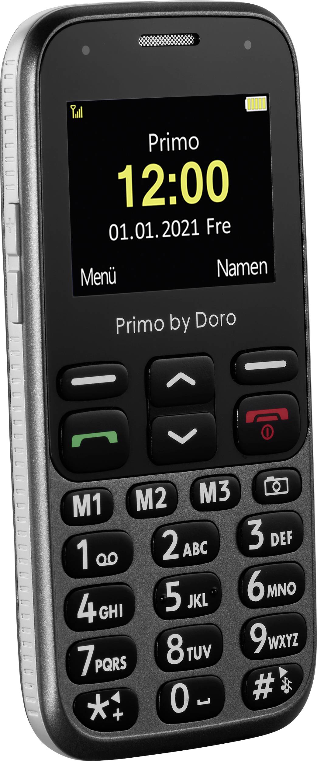 Téléphone mobile à grandes touches. L'écran affiche 'Primo 12:00, 01.01.2021 Ven'. Trois touches M et touches de navigation visibles.