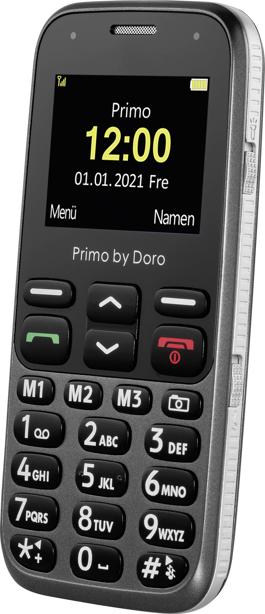 Téléphone mobile noir avec grand écran, affichant 'Primo 12:00 01.01.2021 Ven'. Touches avec grands chiffres et symboles, adapté aux seniors.