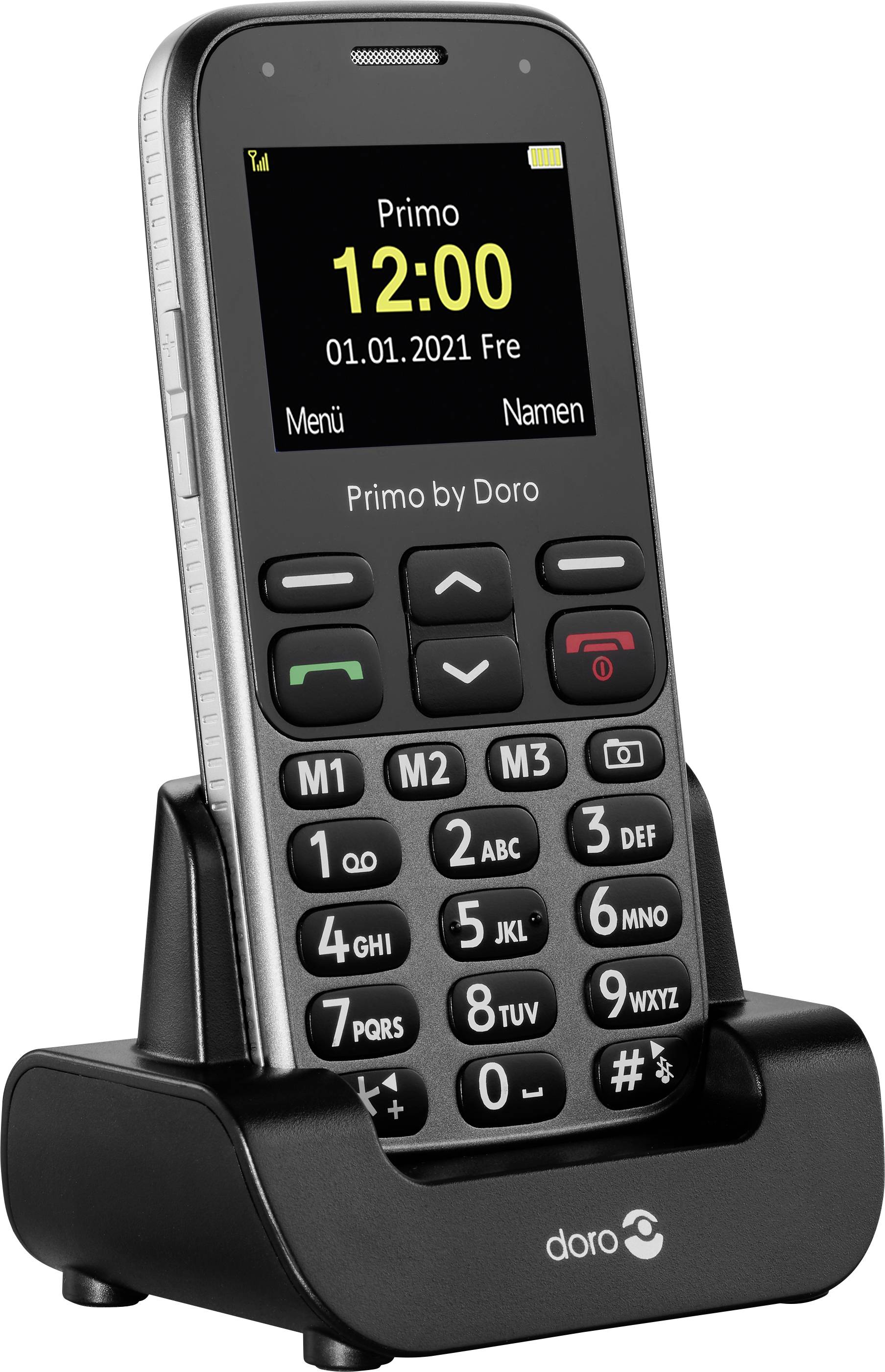 Téléphone portable simple sur une station de charge avec de grandes touches et un écran clair. Date et heure affichées, idéal pour les seniors.