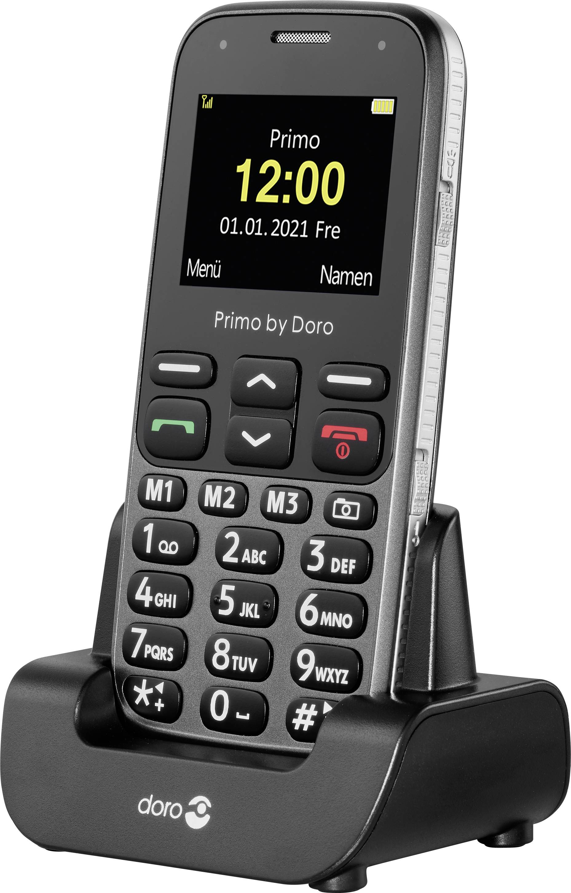 Un téléphone portable avec de grandes touches est placé dans un socle de chargement. L'écran affiche '12:00 01.01.2021 Ven'. Idéal pour les seniors.