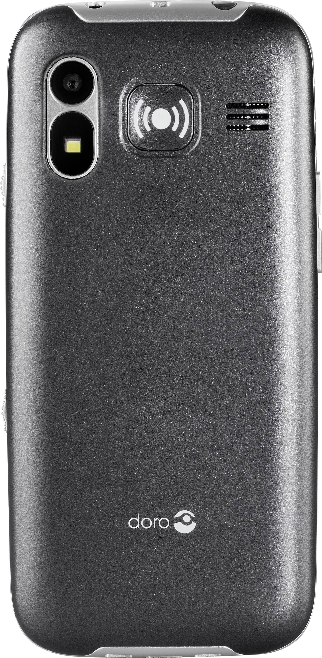 Dos d'un téléphone mobile noir avec caméra, flash et grille de haut-parleur. Le nom de marque 'doro' est visible en bas de l'image.