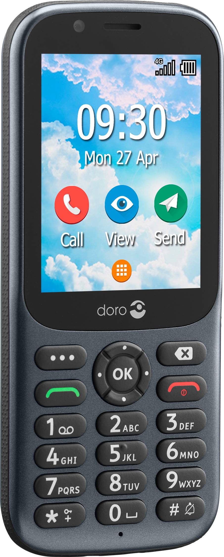 Un téléphone mobile avec un grand écran et des touches physiques. L'écran affiche l'heure, la date et les icônes d'appel, de vue et d'envoi.