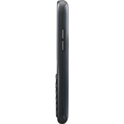 Vue latérale d'un téléphone mobile au boîtier noir avec deux boutons visibles sur le côté.