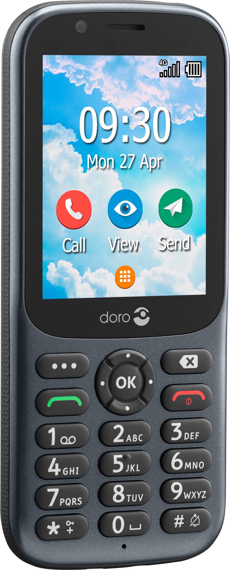 Un téléphone portable avec de grandes touches et un écran affichant l'heure et des icônes d'applications. Il est facile à utiliser.