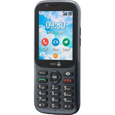Un téléphone mobile simple avec un grand écran, affichant l'heure '09:30' et la date. Touches avec des symboles pour appeler, visualiser et envoyer.