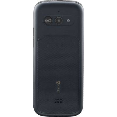 Téléphone portable à clapet de couleur bleu marine, vue arrière avec caméra et haut-parleur. Logo de la marque visible en bas.
