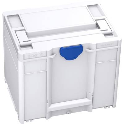 Un récipient en plastique blanc avec une poignée bleue, adapté au stockage sécurisé et au transport d'outils ou de matériaux.