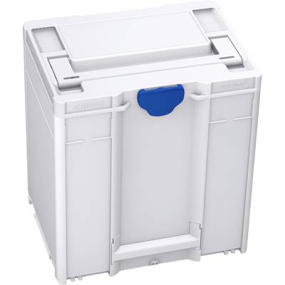 Un conteneur en plastique blanc, carré, avec une poignée bleue en haut, adapté au stockage et au transport d'objets.