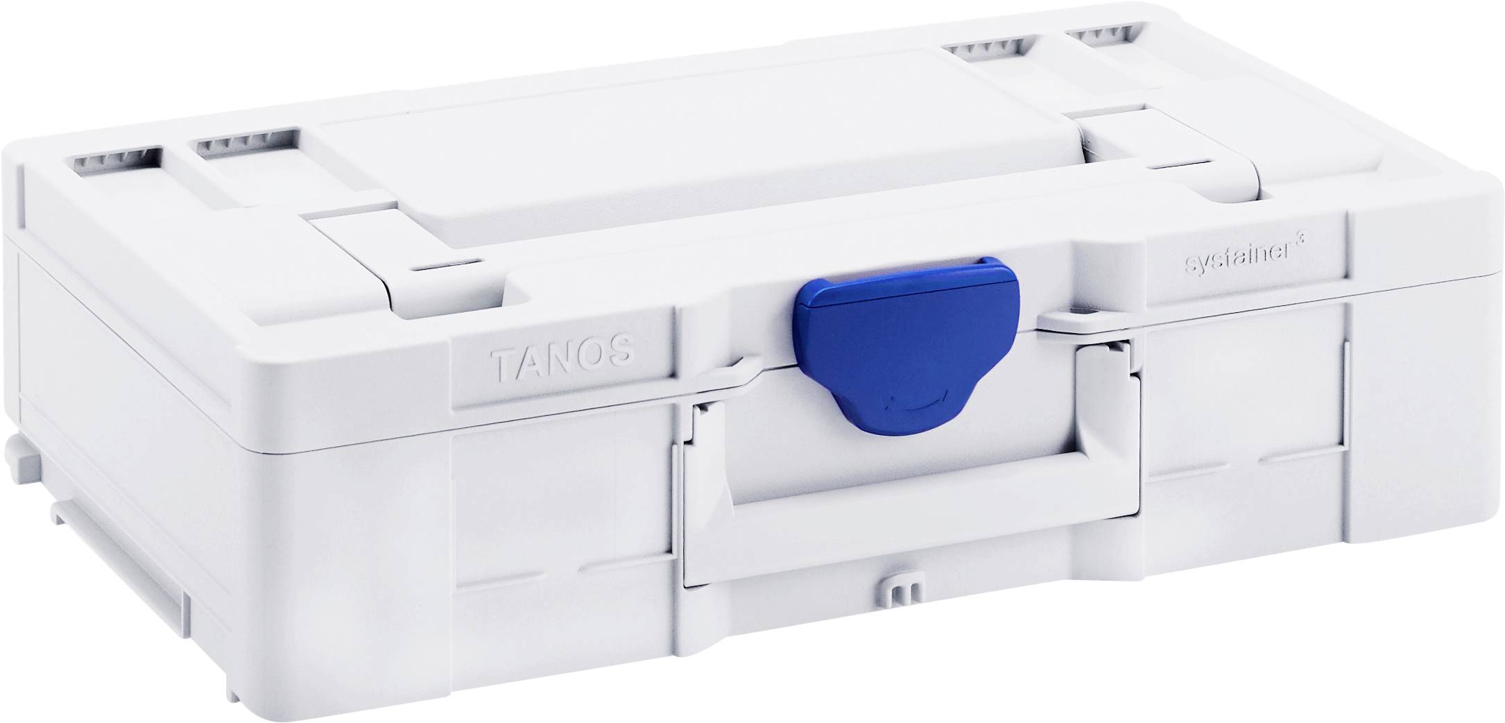 Un coffret en plastique blanc avec une fermeture bleue, adapté au rangement sécurisé et au transport d'outils ou de matériaux.