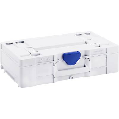 Un coffret en plastique blanc avec une fermeture bleue, adapté au rangement sécurisé et au transport d'outils ou de matériaux.