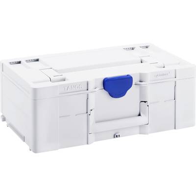 Un coffret à outils en plastique blanc avec un fermoir bleu au centre. Le mot 'TANOS' est inscrit à droite, avec une poignée à l'avant.