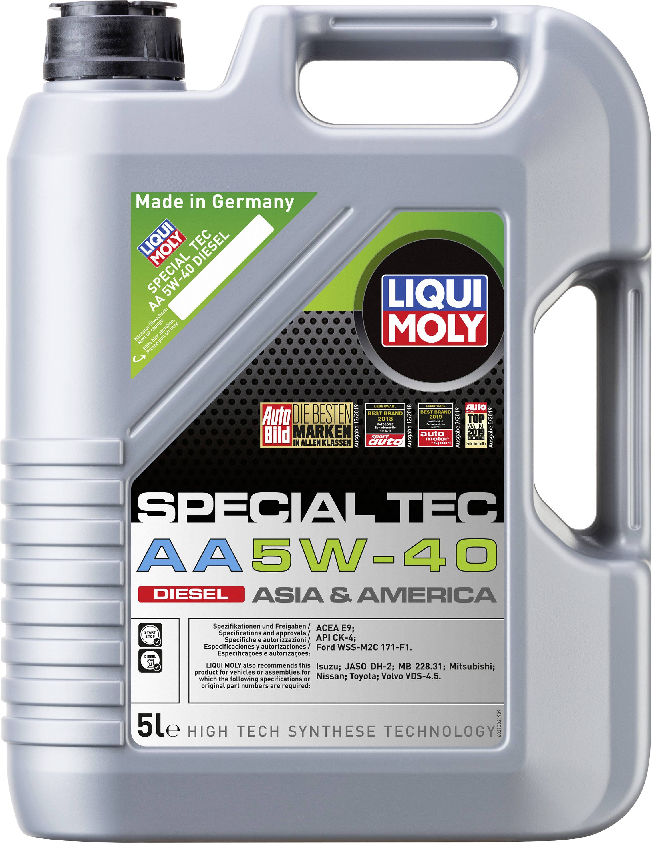 Bidon d'huile moteur de la marque 'Liqui Moly', produit 'Special Tec AA 5W-40'. Convient aux véhicules diesel en Asie et en Amérique.