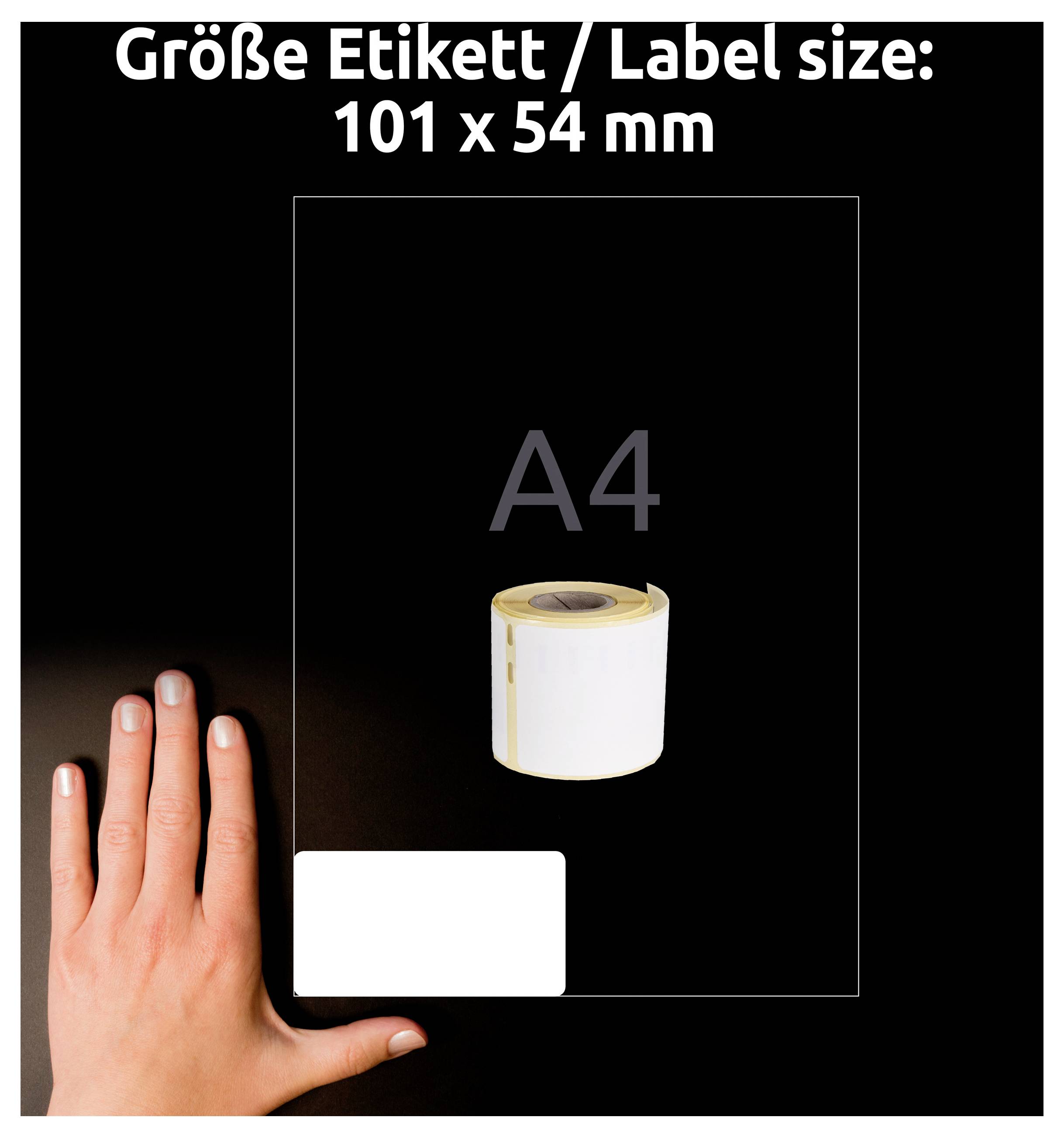 Image de comparaison pour la taille d'étiquette : « Taille étiquette/Taille d'étiquette : 101 x 54 mm » ; une feuille A4 avec rouleau d'étiquettes et main montrant la taille réelle.