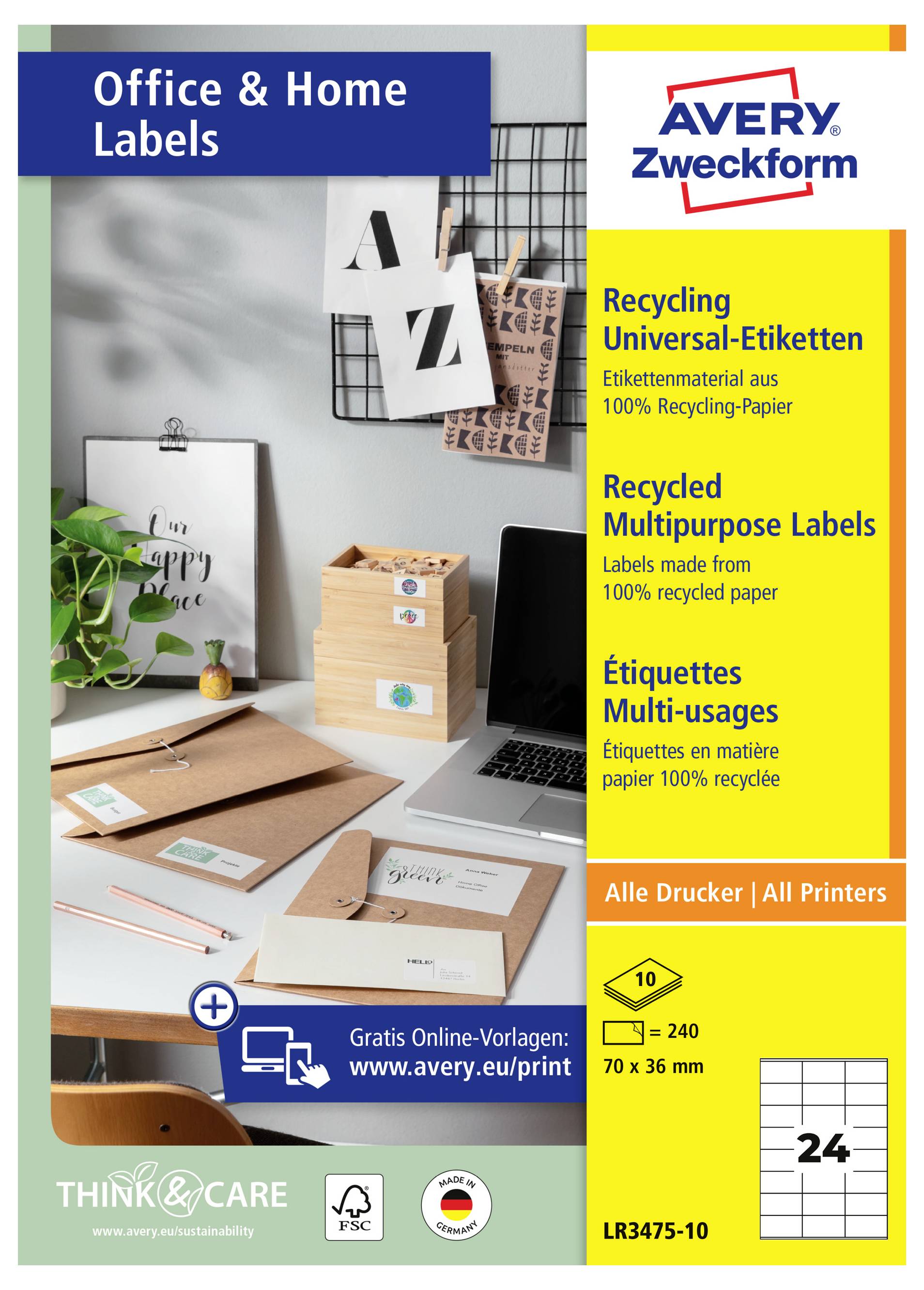 Paquet d'étiquettes Avery Zweckform pour bureau et maison avec étiquettes de recyclage et produit multiusage, pour tous les imprimantes, 70 x 36 mm, 24 étiquettes par feuille.