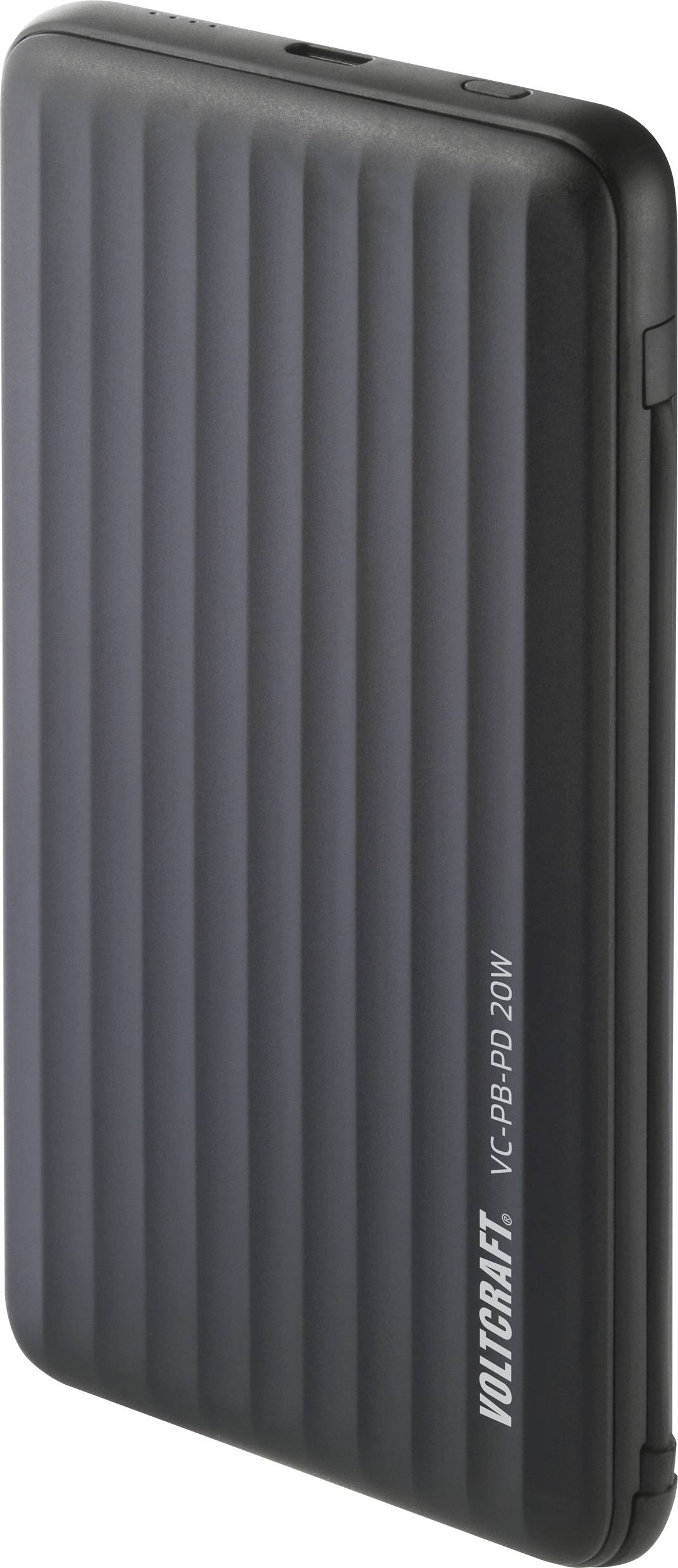 Batterie externe noire à surface texturée avec inscription latérale 'VOLTCRAFT VC-8P PD 20W'.