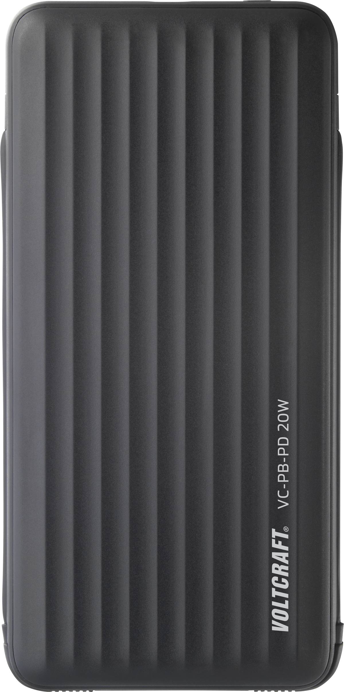 Batterie externe noire avec surface texturée, portant le nom de marque 'VOLTCRAFT' et le modèle 'VC-PB-PD-20W' sur l'avant.