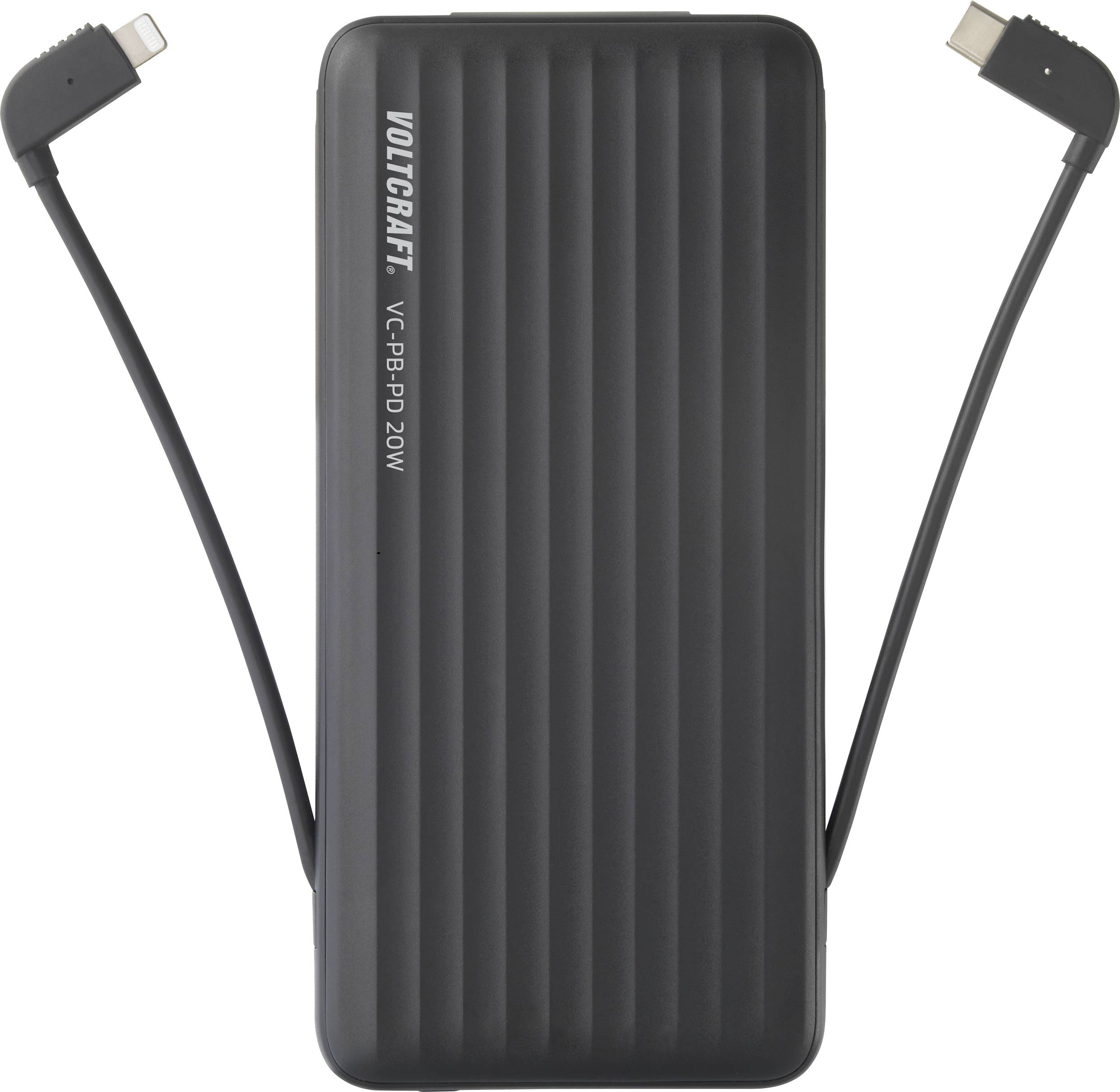 Une batterie externe noire de Voltcraft avec deux câbles de charge intégrés : USB-C et Lightning.