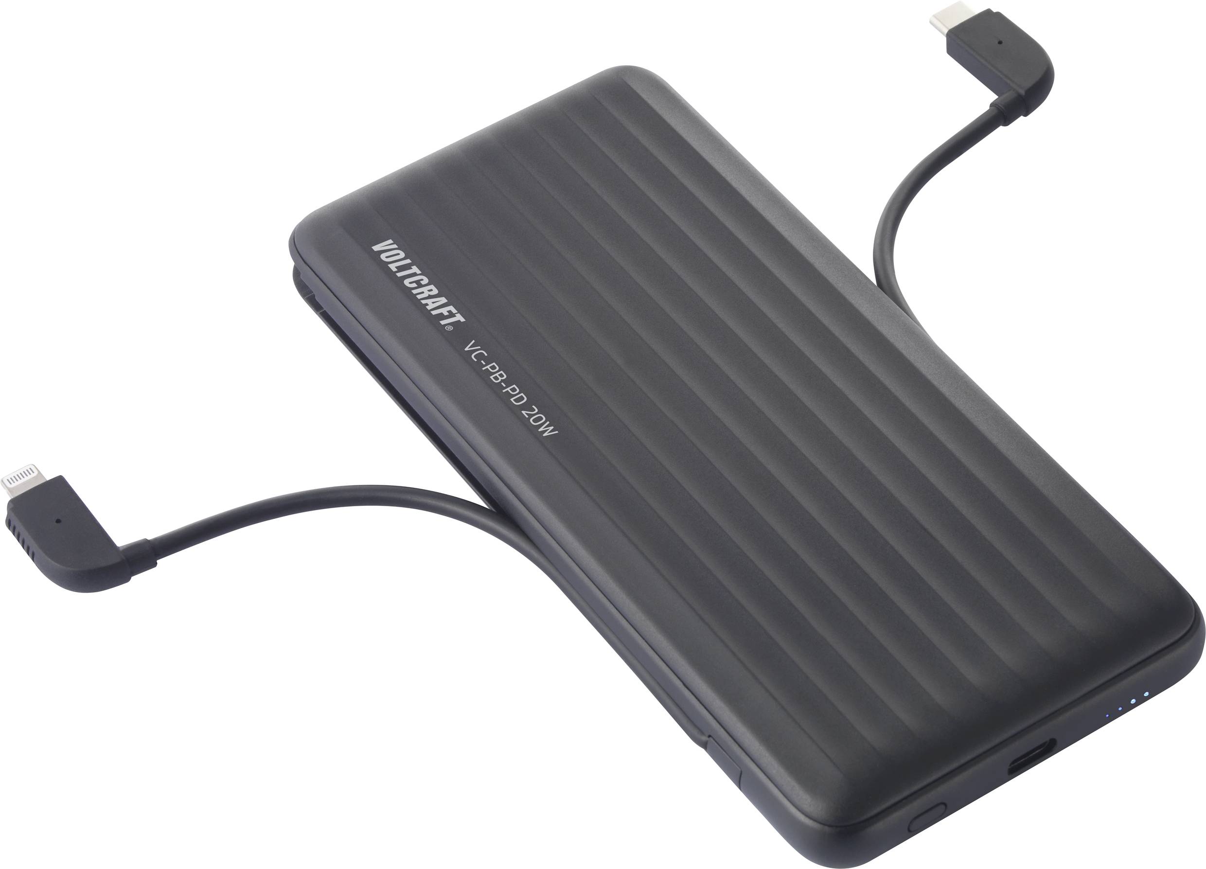 Batterie externe noire au design nervuré, équipée de deux câbles intégrés, adaptée pour charger des appareils électroniques en déplacement.