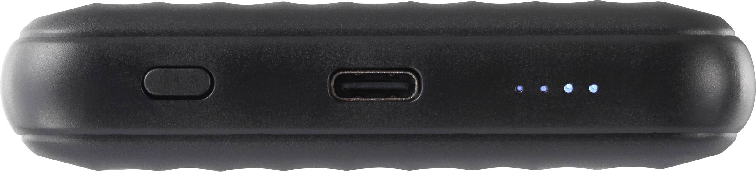 Chargeur portable en gros plan, montrant une ouverture de port USB-C, à côté un bouton et quatre voyants LED bleus indiquant le niveau de batterie.