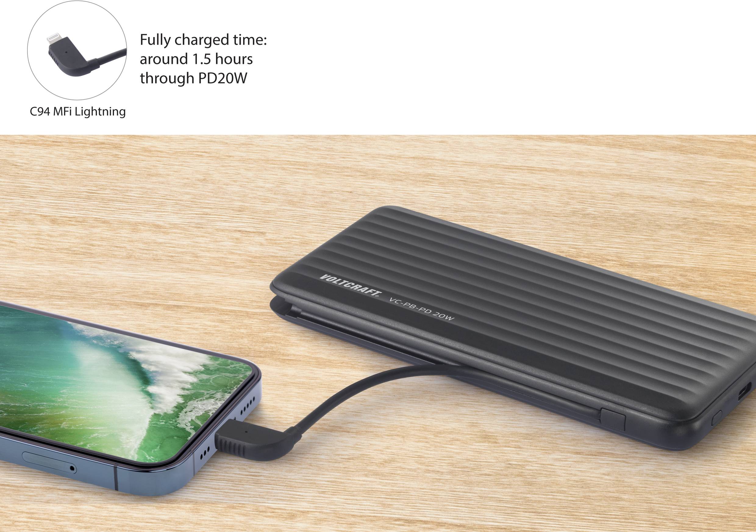 Un smartphone est connecté à une batterie externe noire via un câble court. Charge complète en environ 1,5 heure grâce à la technologie PD20W.