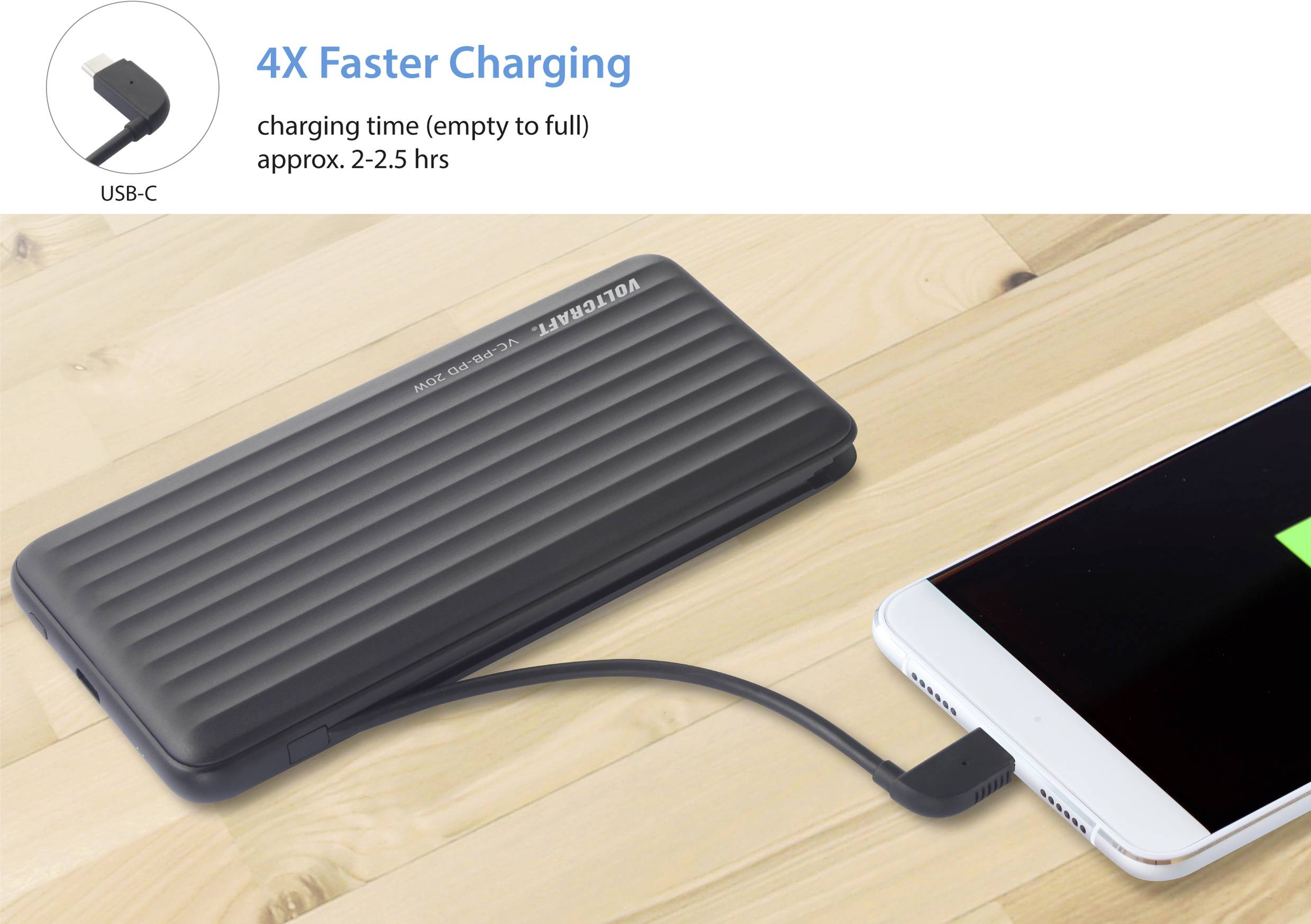 Une batterie externe noire charge un smartphone via USB-C, avec l'inscription '4X Plus Rapide', temps de charge d'environ 2-2,5 heures.