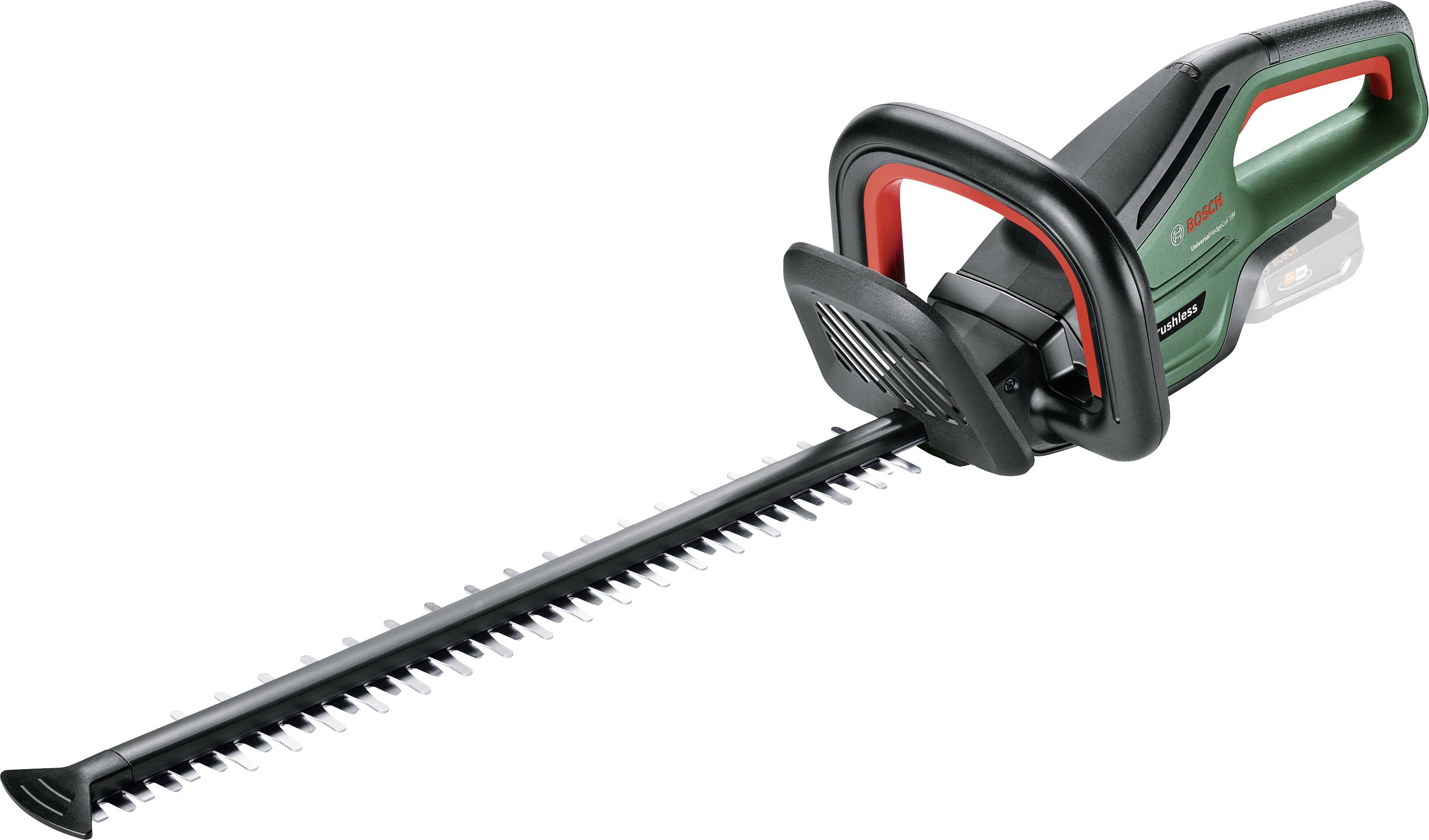 Taille-haie sur batterie avec longue lame dentelée et poignée ergonomique, adapté pour une coupe précise des haies.