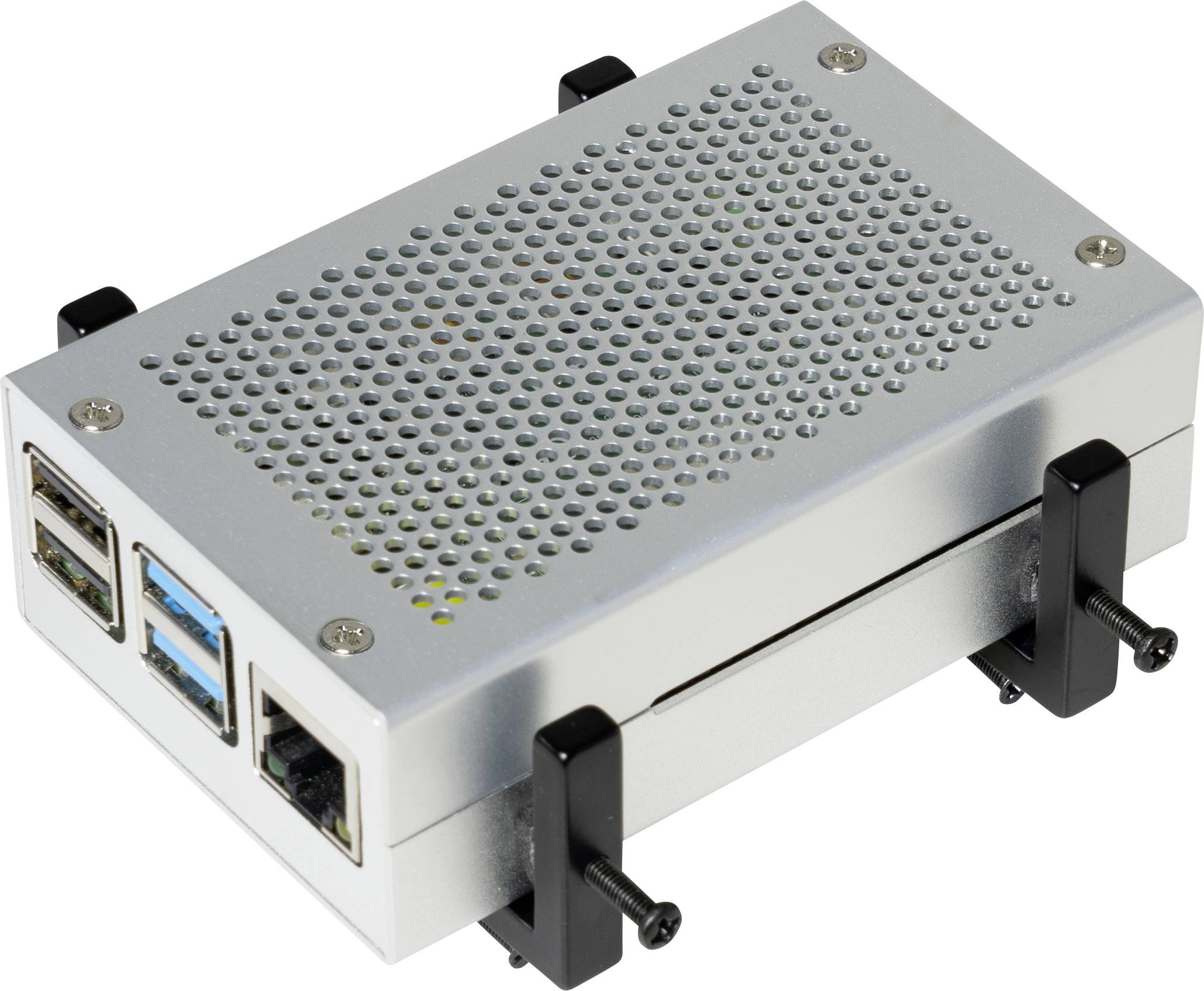 Petit boîtier métallique argenté avec des fentes de ventilation, des ports USB et un port pour câble réseau, monté sur une table.