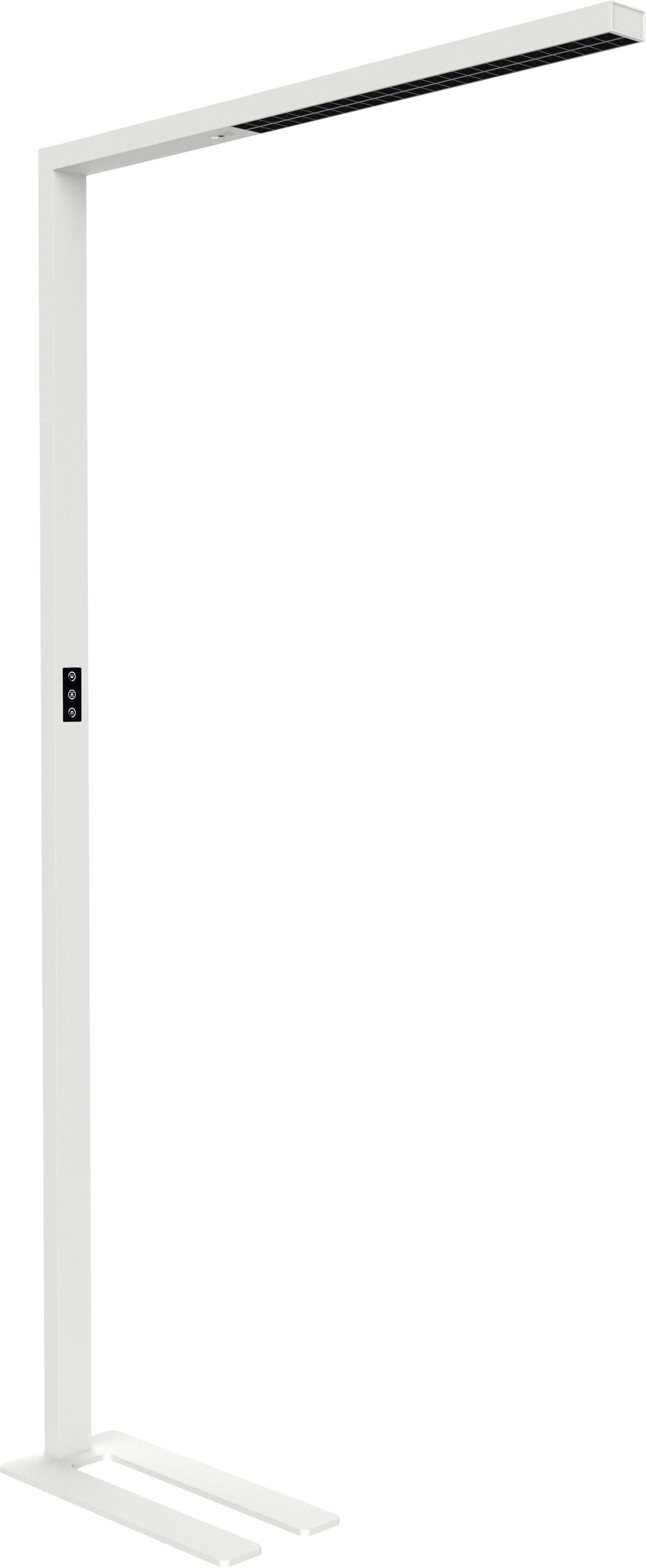 Lampadaire blanc au design minimaliste, lignes droites épurées, tête rectangulaire, idéal pour les intérieurs contemporains.