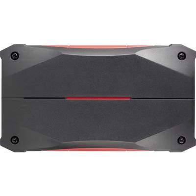 Appareil noir et rouge, rectangulaire, avec des vis dans les coins. Il présente une surface lisse et symétrique, traversée par une ligne rouge au centre.