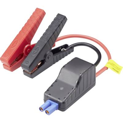 Câbles de démarrage avec pinces rouges et noires pour batteries de voiture ; boîtier de protection noir et bleu.