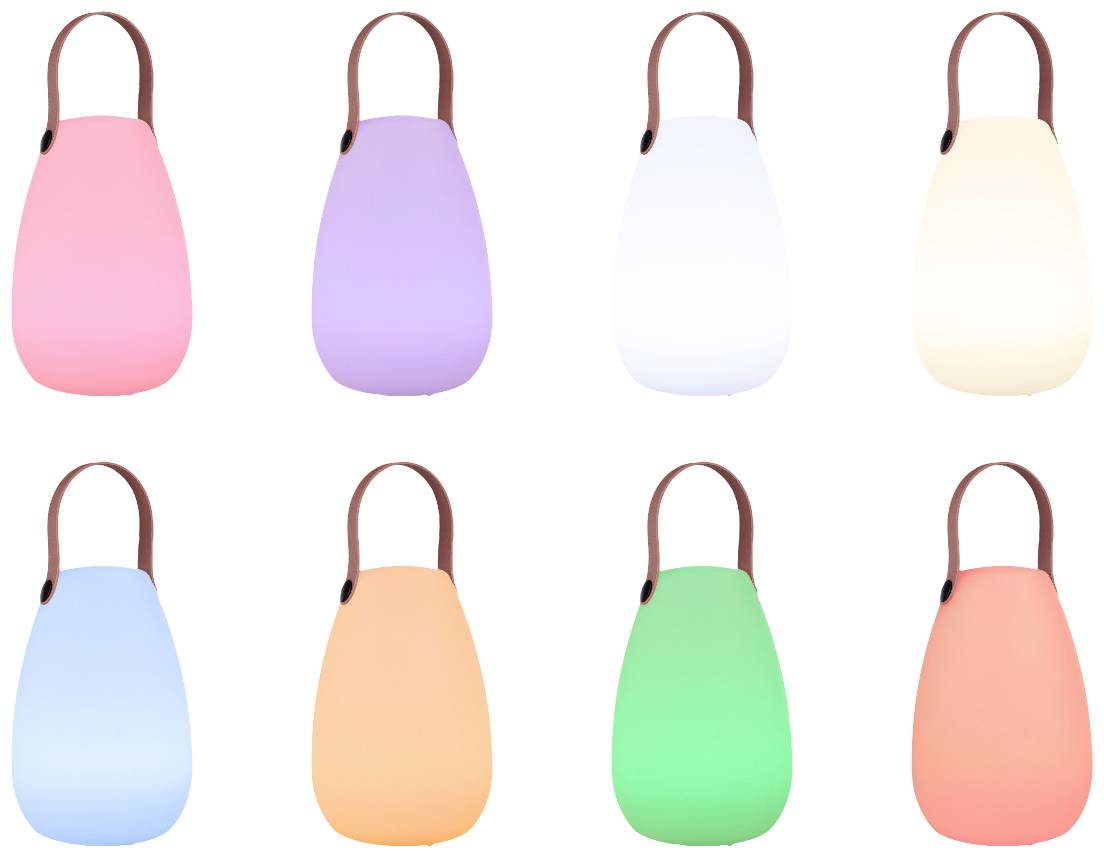 Huit lampes LED colorées avec des poignées, disposées en deux rangées. Chaque lampe a une couleur différente, dont rose, violet, blanc et vert.