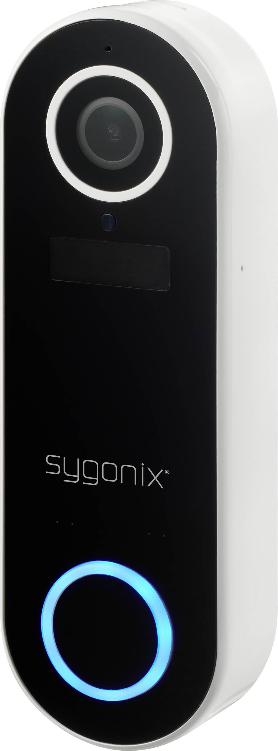 Une sonnette intelligente noire avec caméra et bouton d'appel bleu lumineux, la marque 'sygonix' étant visible dessus.