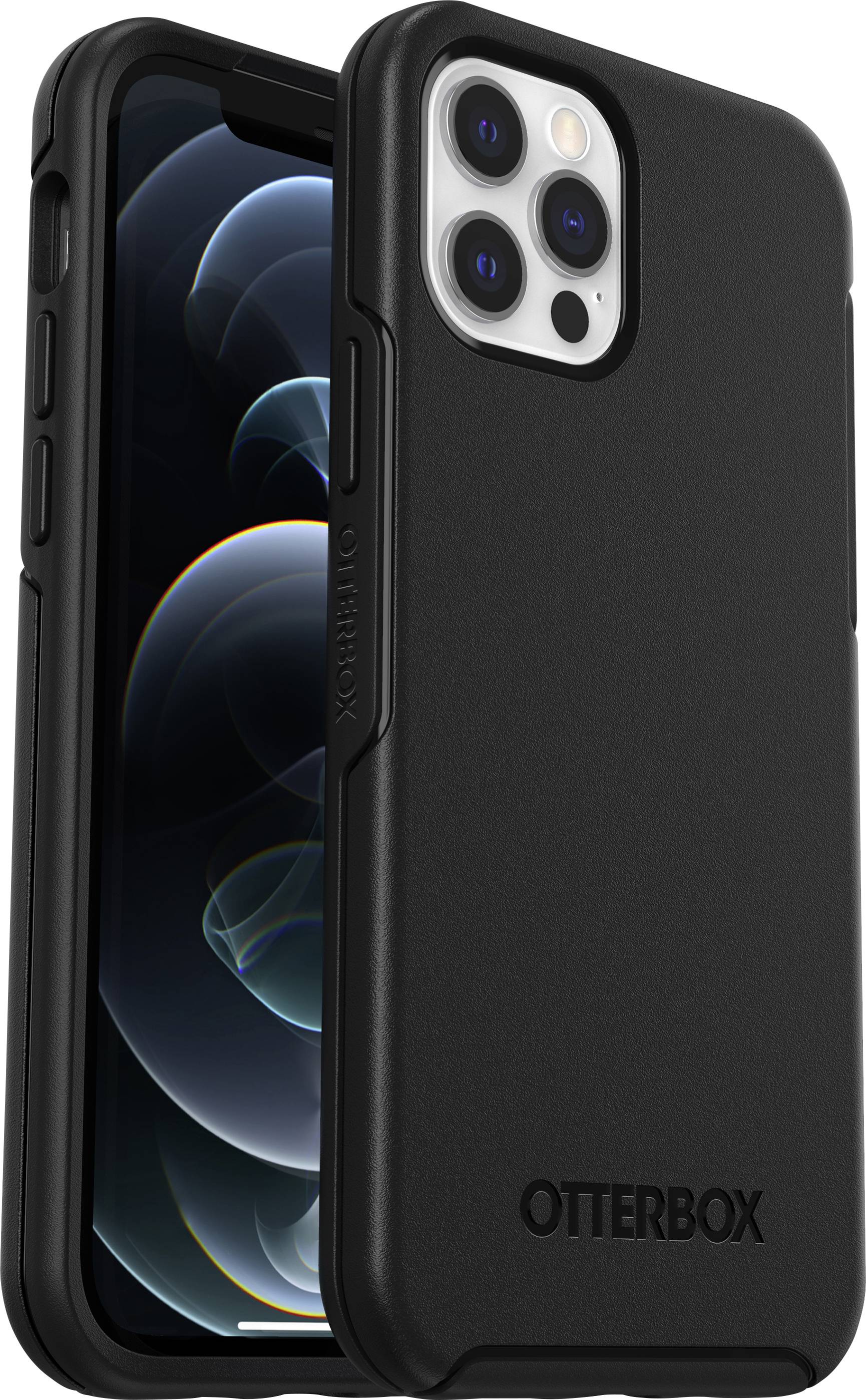 Étui noir pour smartphone (OtterBox) protège un téléphone portable avec plusieurs objectifs photo à l'arrière.