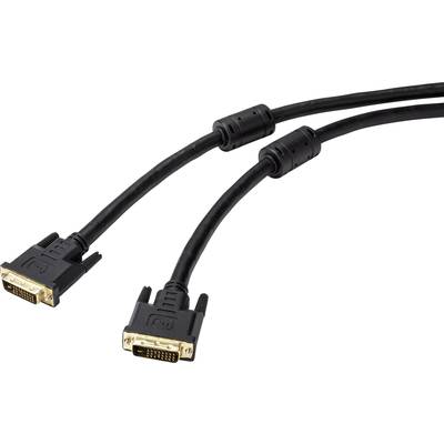 Deux câbles de moniteur DVI noirs avec des connecteurs métalliques et des noyaux de ferrite pour l'amplification du signal, disposés côte à côte.