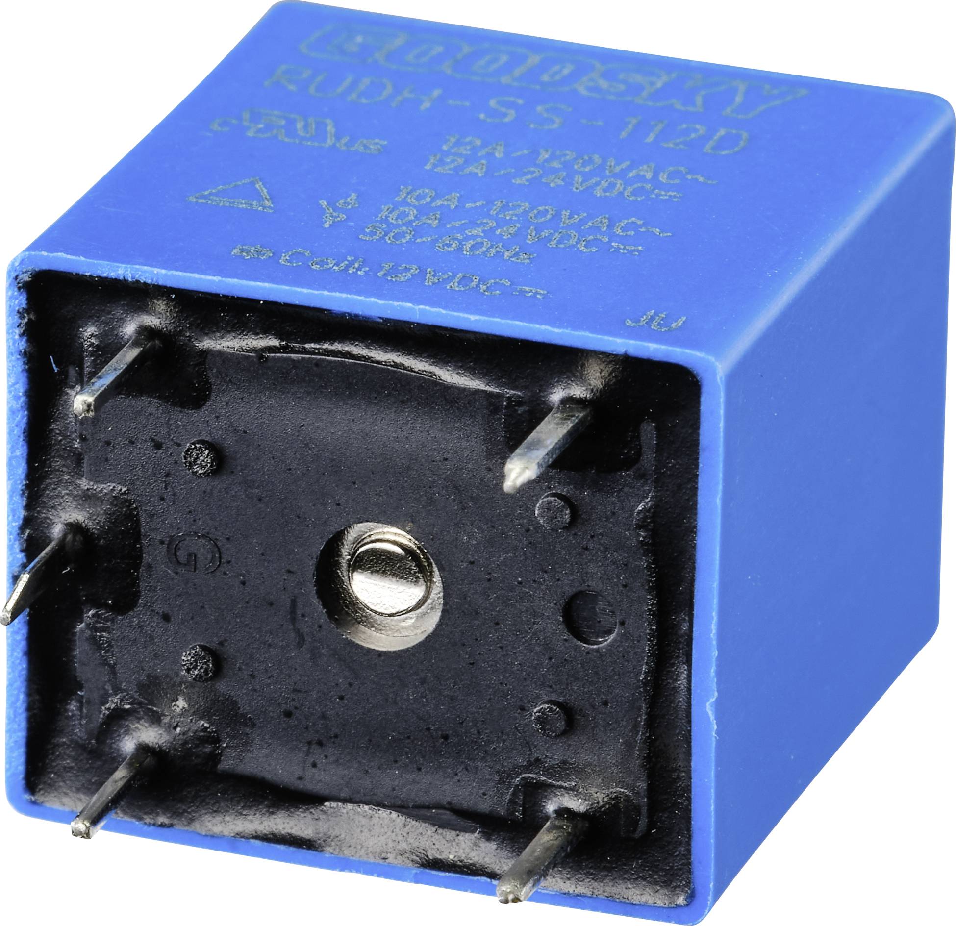 Relais électrique bleu avec quatre broches métalliques et spécifications techniques imprimées. Structure principale parallélépipédique.