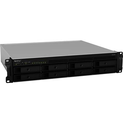 Boîtier NAS argenté de Synology avec logo, voyants lumineux et huit emplacements pour disques durs à l'avant, compatible montage en rack serveur.