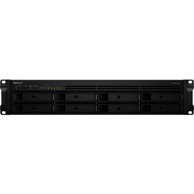 Serveur de stockage noir avec huit baies de disques durs, voyants lumineux de statut et logo de marque.