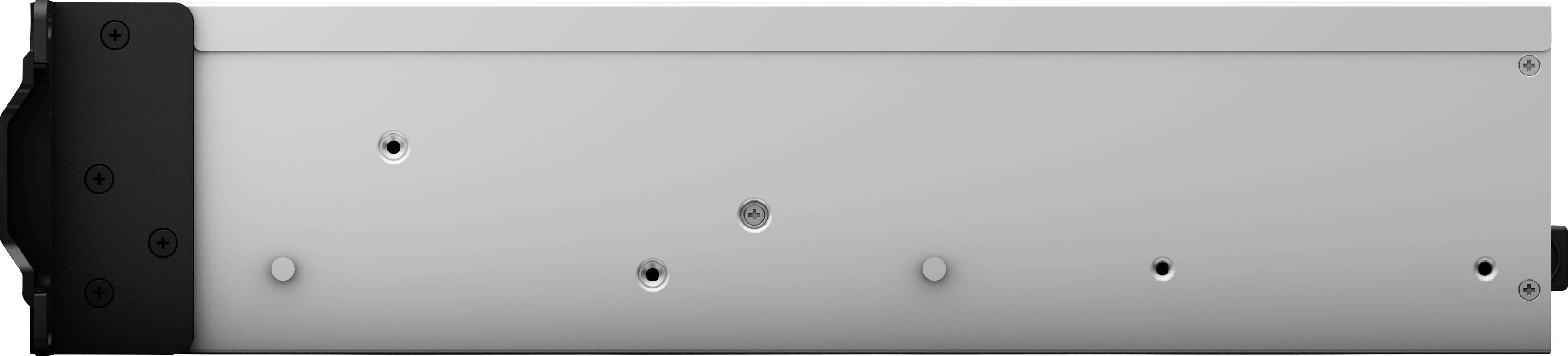 Un dispositif métallique argenté, rectangulaire, avec des embouts noirs et plusieurs trous de vis le long de sa surface.