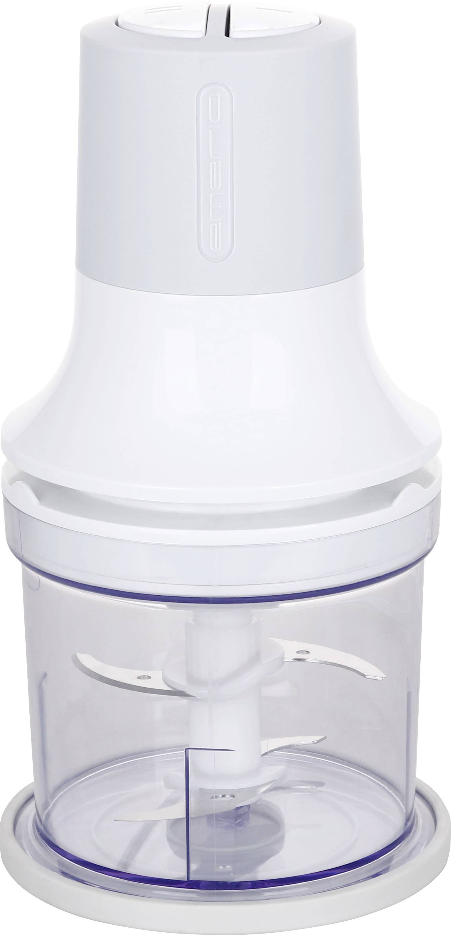 Un broyeur blanc et transparent avec un double ensemble de lames rotatives.
