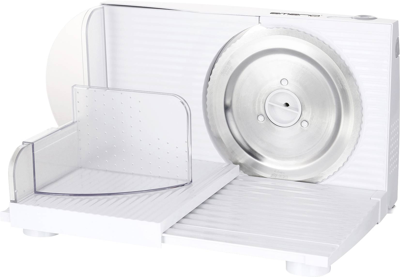 Une machine à trancher électrique blanche équipée d'une grande lame ondulée argentée et d'un bouclier de protection transparent.