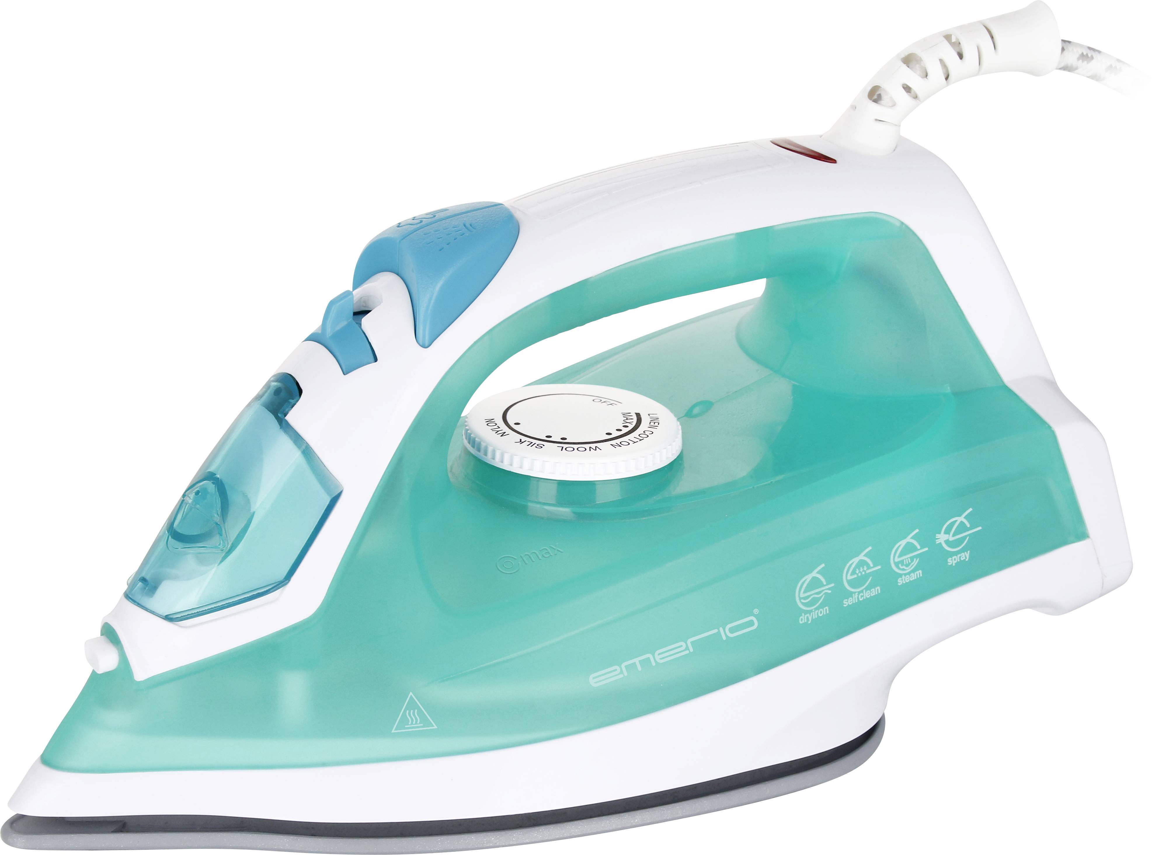 Un fer à repasser vapeur moderne en turquoise et blanc, doté d'un régulateur de température et d'un réservoir d'eau, conçu pour repasser efficacement les vêtements.