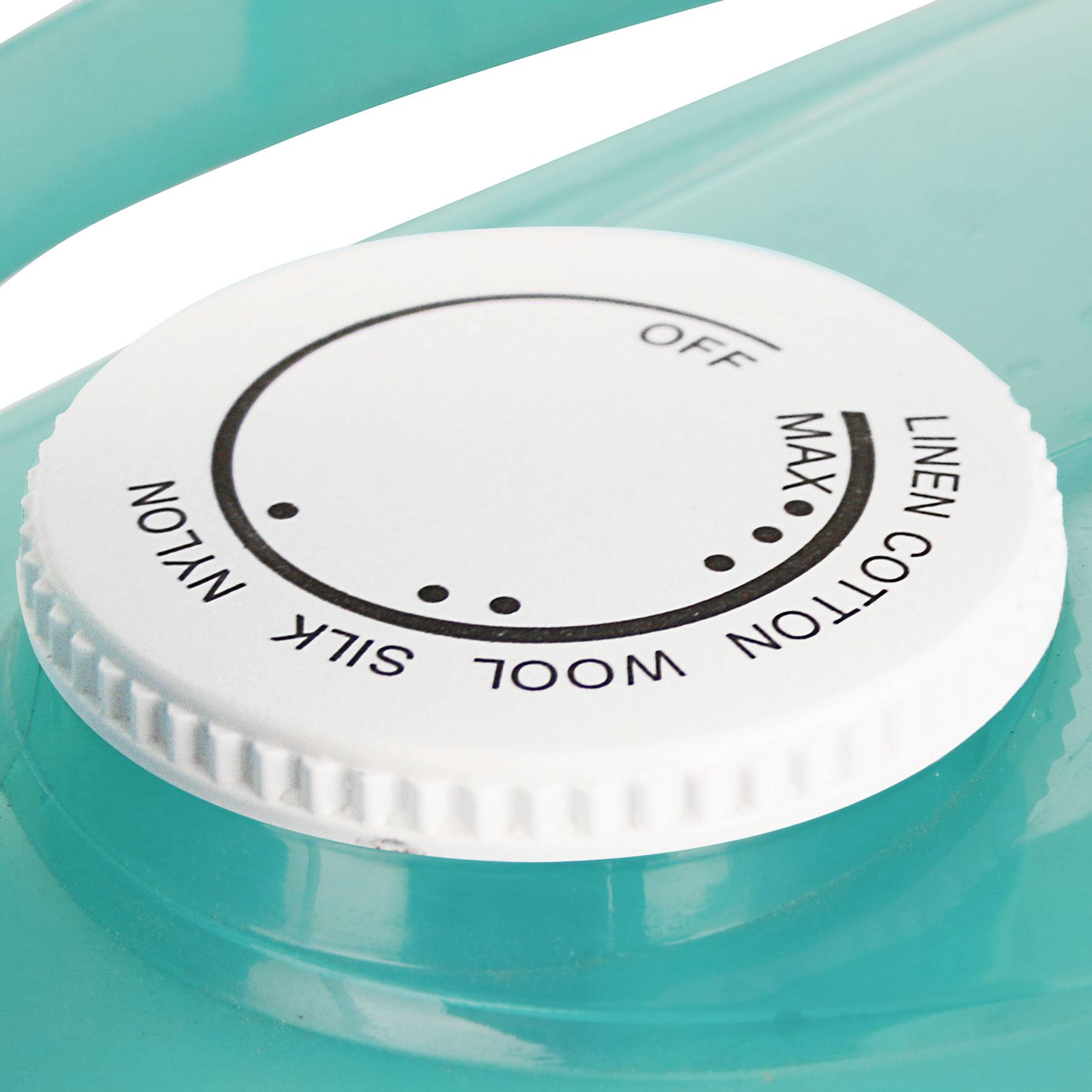 Gros plan d'un bouton de réglage avec les paramètres : Off, Nylon, Soie, Laine, Coton, Lin.