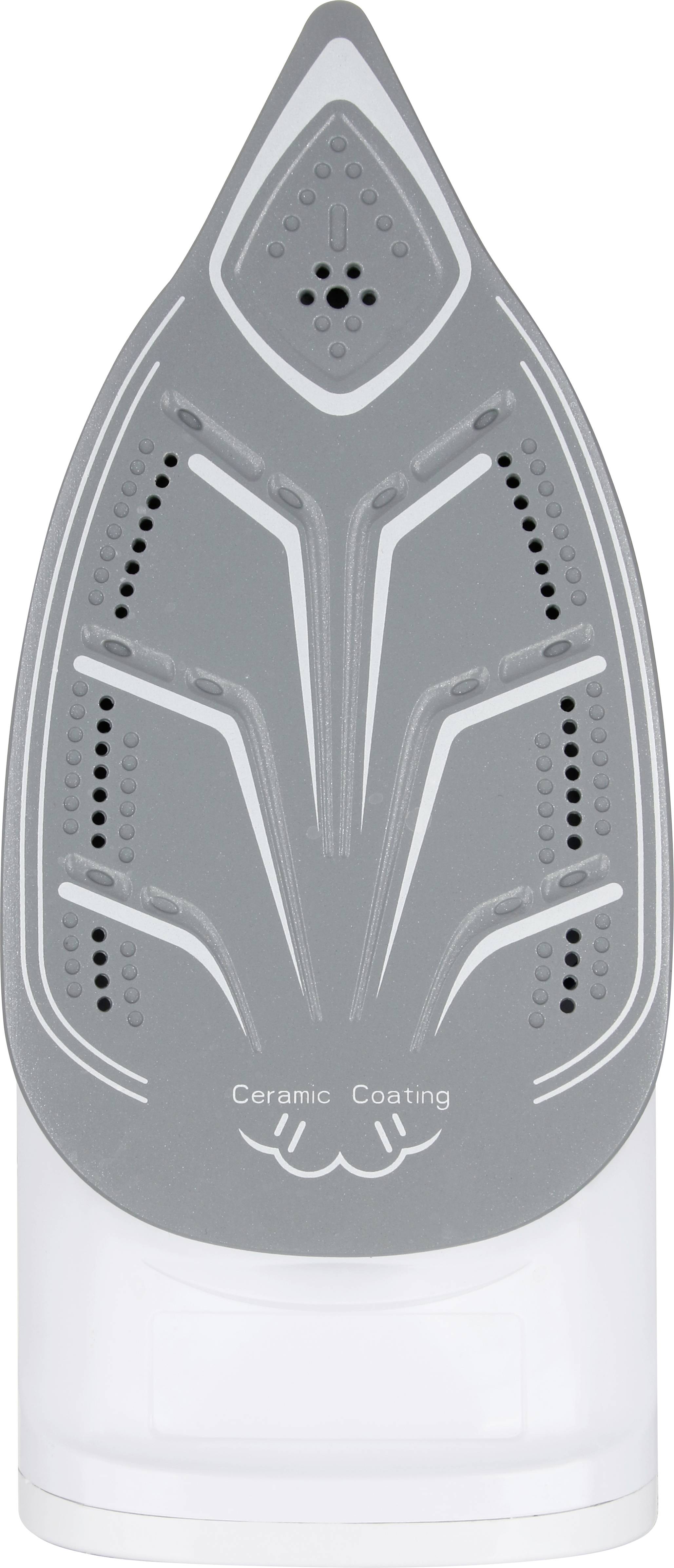 L'image montre la semelle grise d'un fer à repasser, recouverte de céramique et percée de trous de vapeur, orientée vers le haut.
