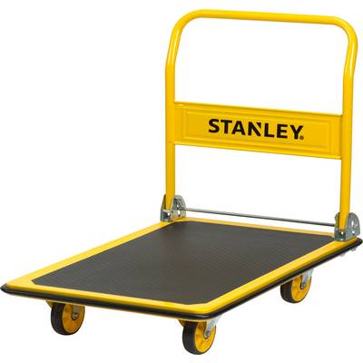 Un chariot de transport jaune avec une surface de chargement noire, quatre roues et une poignée. L'inscription 'Stanley' est visible sur la poignée.
