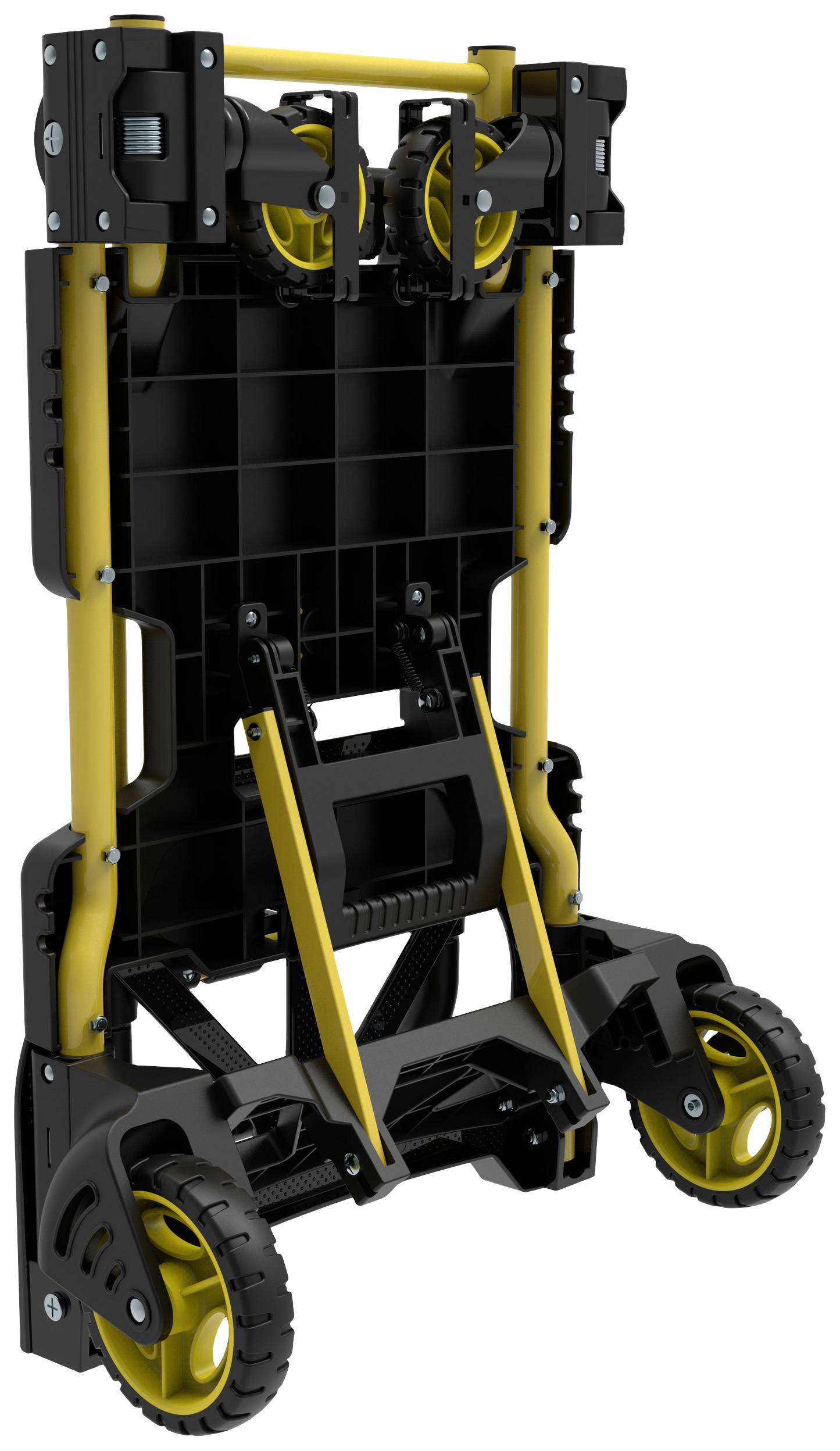 Chariot pliable en métal jaune et noir avec de grandes roues, relevé verticalement.