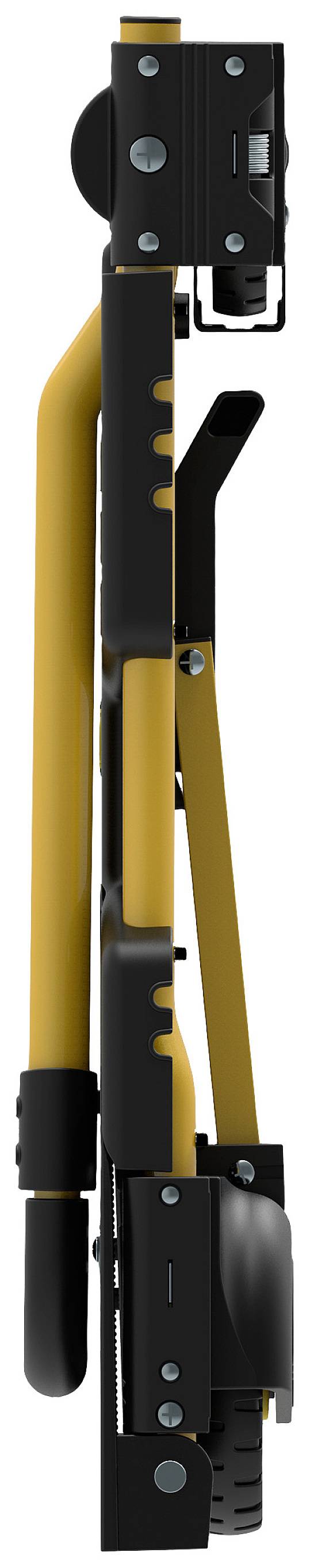 Un cadre de fauteuil roulant jaune plié, avec des détails noirs et des vis bleues.