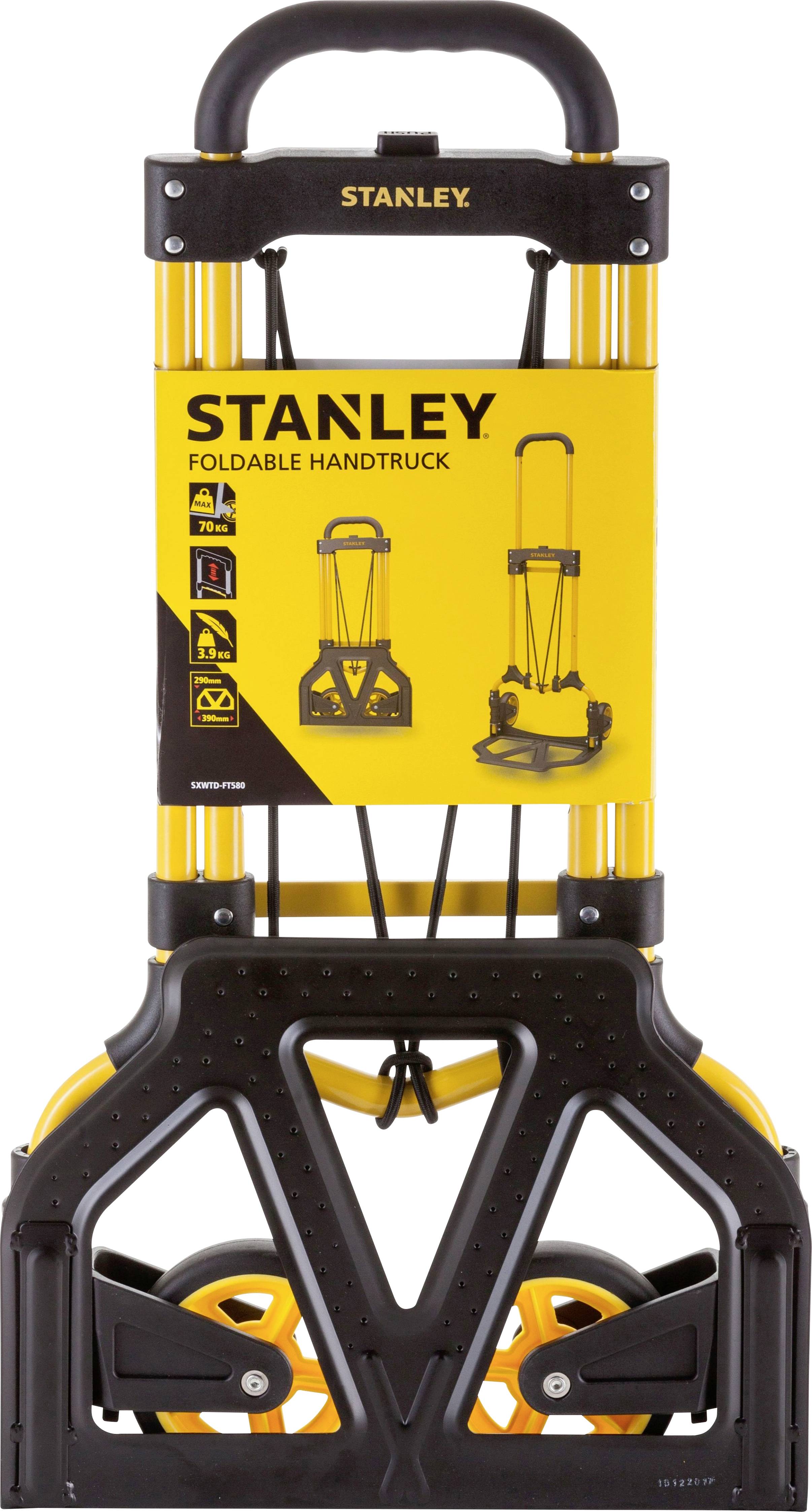 Design de chariot pliable Stanley, noir et jaune. Adapté à diverses charges, maniable et compact.