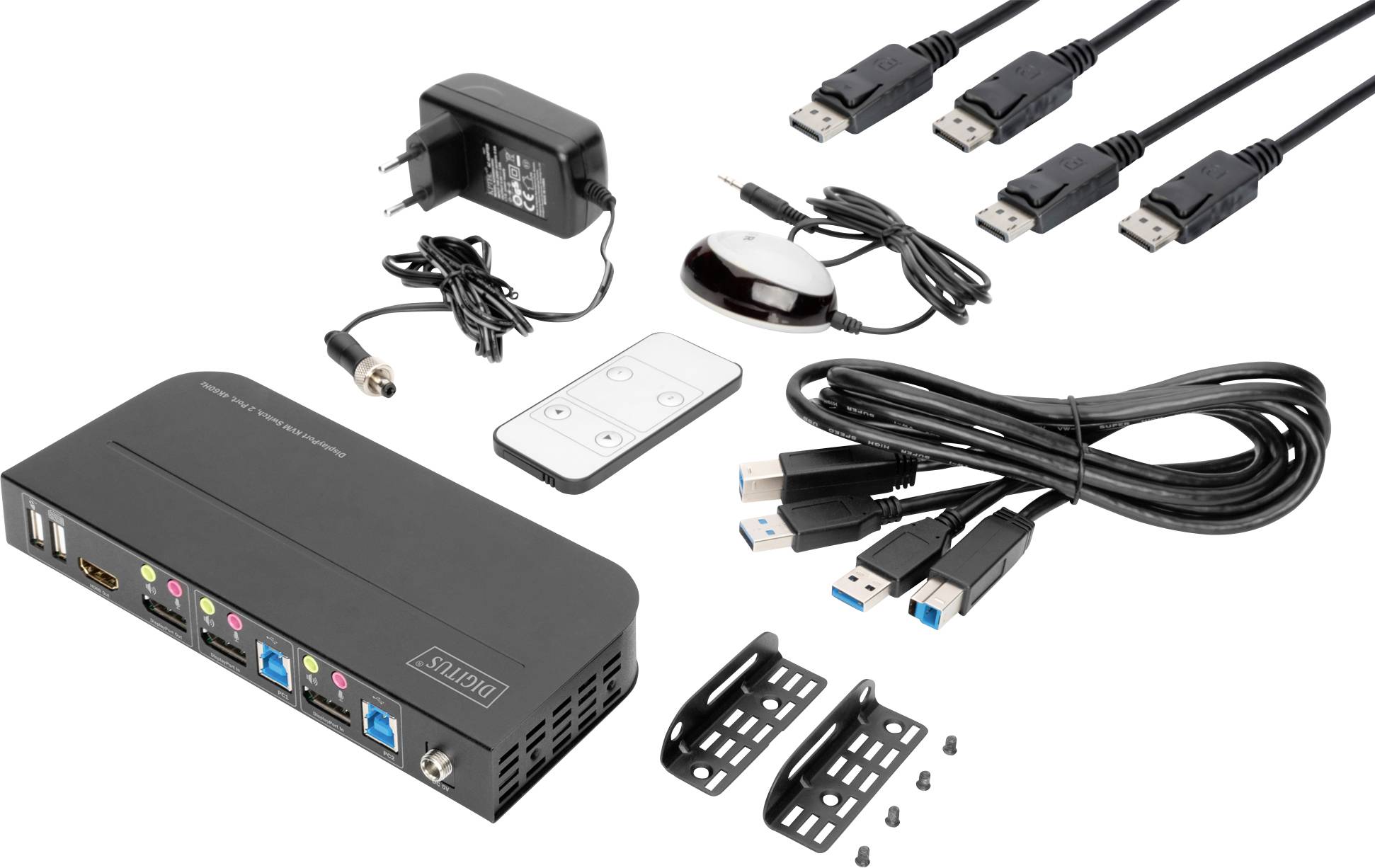 Hub multimédia avec adaptateur réseau, télécommande, nombreux câbles et pièces de montage. Principales connexions : HDMI, DisplayPort, USB. Optimal pour les connexions informatiques polyvalentes.