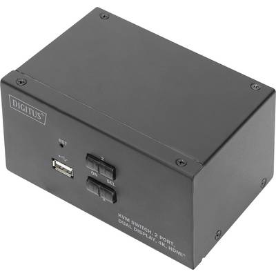 Un commutateur KVM rectangulaire de Digitus avec deux boutons et un port USB, étiqueté 'Commutateur KVM, 2 ports, Double écran, 4K, HDMI'.
